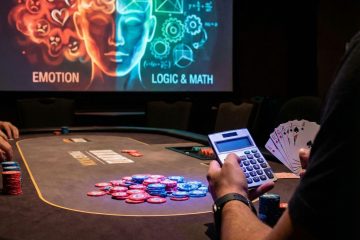 빛나는 포커 칩이 놓인 테이블에서 계산기와 카드를 든 손이 보이며, 배경에는 감정적 뇌와 논리적 뇌가 명확히 구분되어 있습니다.