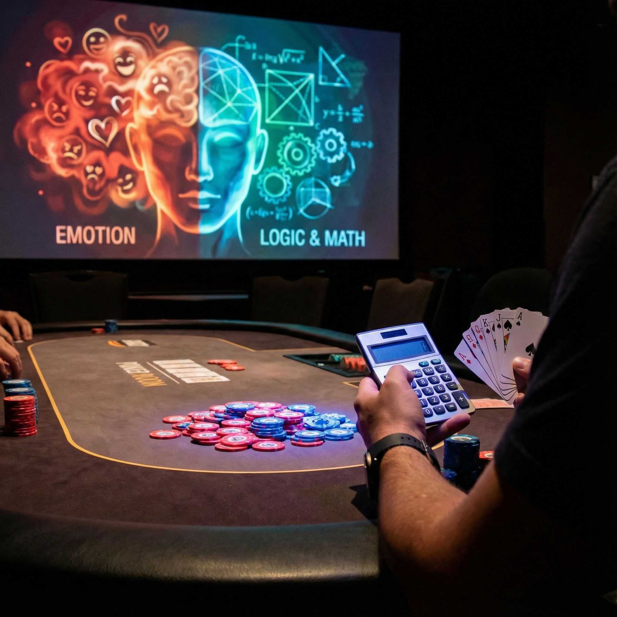 빛나는 포커 칩이 놓인 테이블에서 계산기와 카드를 든 손이 보이며, 배경에는 감정적 뇌와 논리적 뇌가 명확히 구분되어 있습니다.