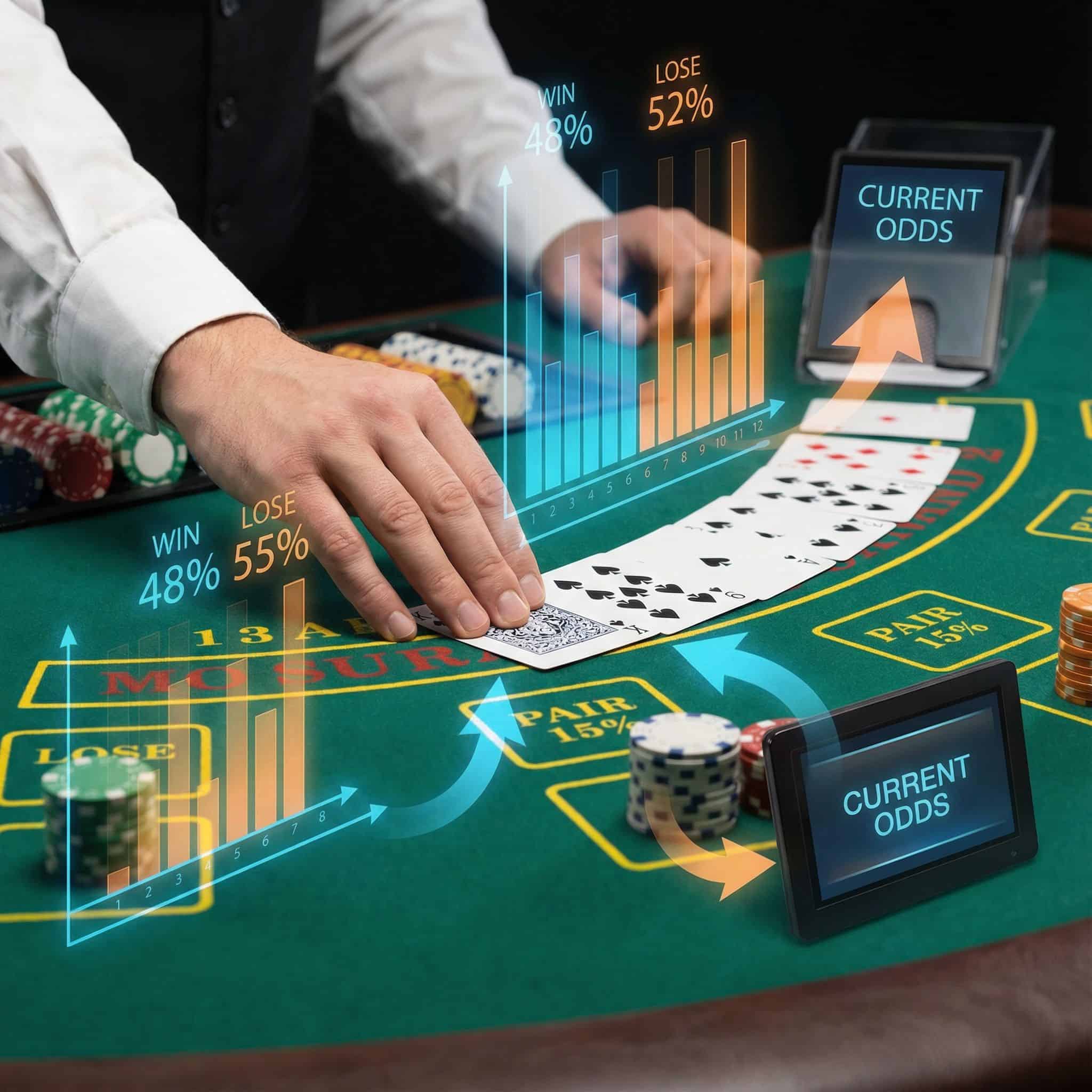 카지노 테이블 위에 확률 그래프와 변동하는 퍼센트가 겹쳐진 채 카드가 딜링되는 모습이다.