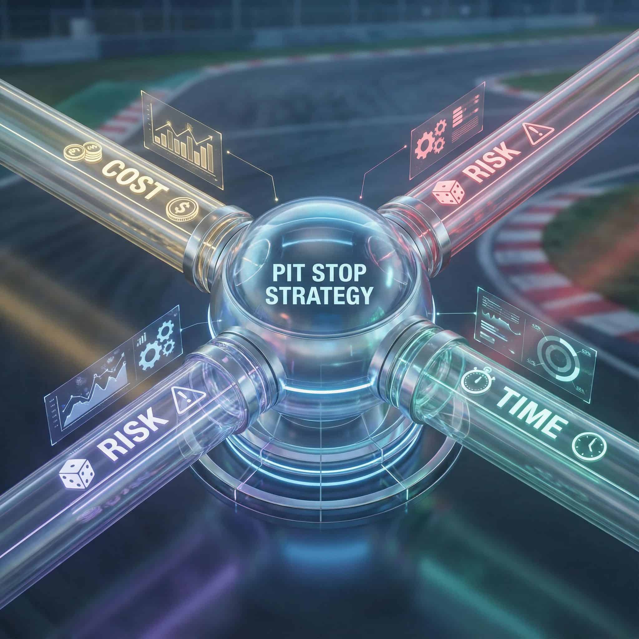 중앙의 핵심 허브에 비용, 위험, 시간 같은 주요 변수들이 연결된 3차원 플로우차트로, 각 연결선에는 분석 아이콘들이 배치되어 있습니다.