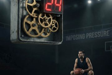 24초를 가리키는 농구 샷 클록과 톱니바퀴가 선수의 빠른 결정을 압박하는 긴장된 경기 장면이다.