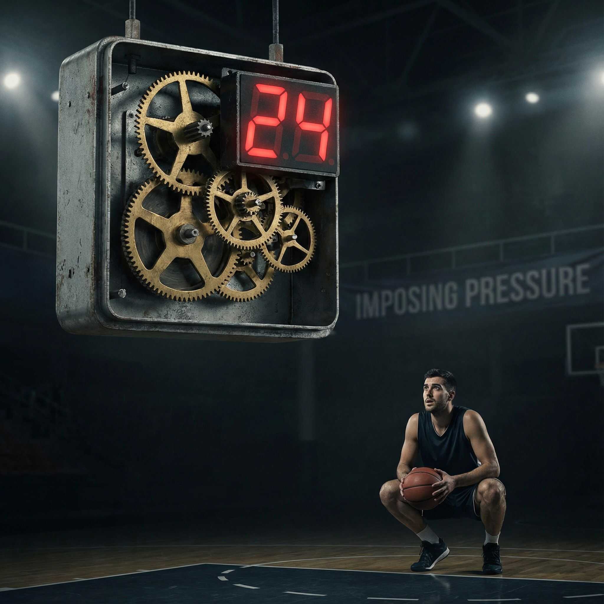 24초를 가리키는 농구 샷 클록과 톱니바퀴가 선수의 빠른 결정을 압박하는 긴장된 경기 장면이다.