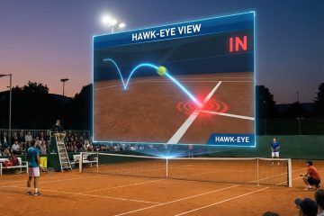 테니스 코트 위에 빛나는 디지털 매의 눈 시점으로 공의 궤적과 착지 지점을 표시해 라인 판정 논란을 해결하는 모습이다.