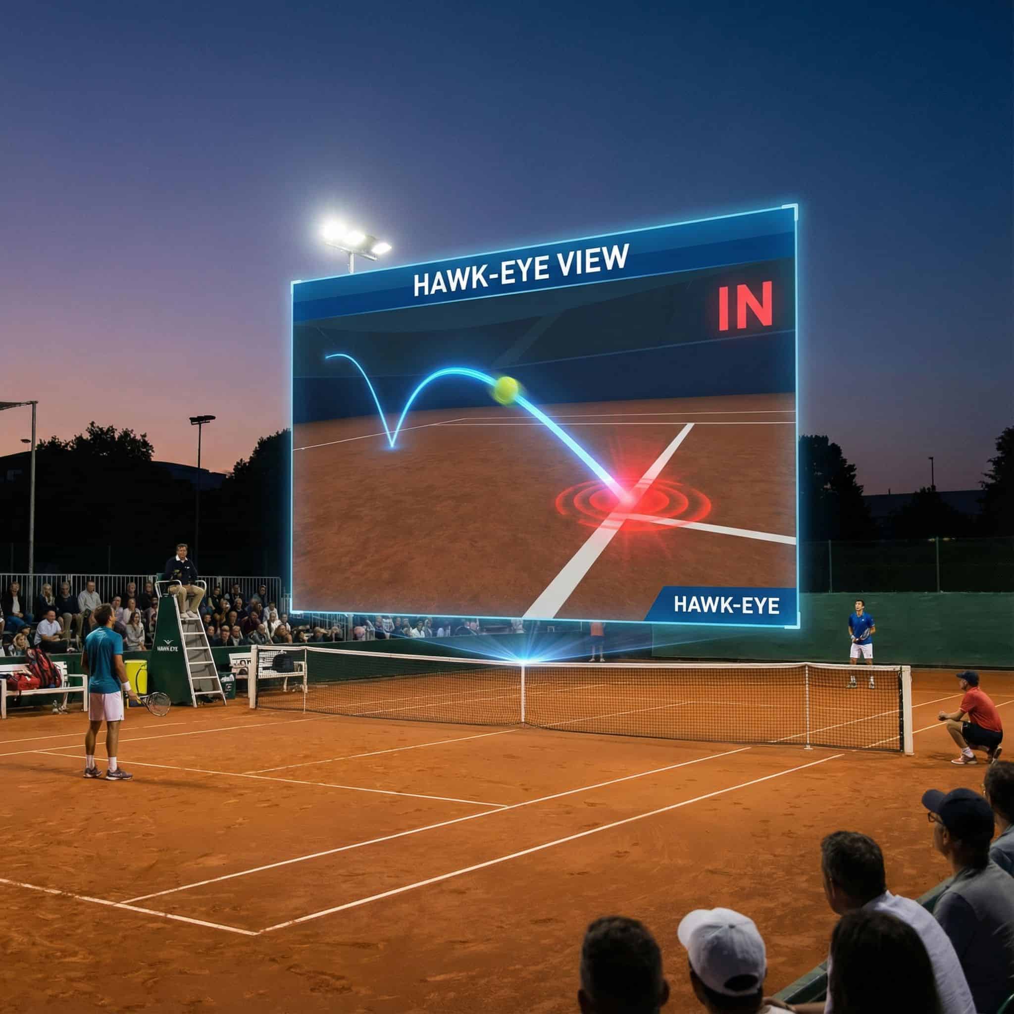테니스 코트 위에 빛나는 디지털 매의 눈 시점으로 공의 궤적과 착지 지점을 표시해 라인 판정 논란을 해결하는 모습이다.