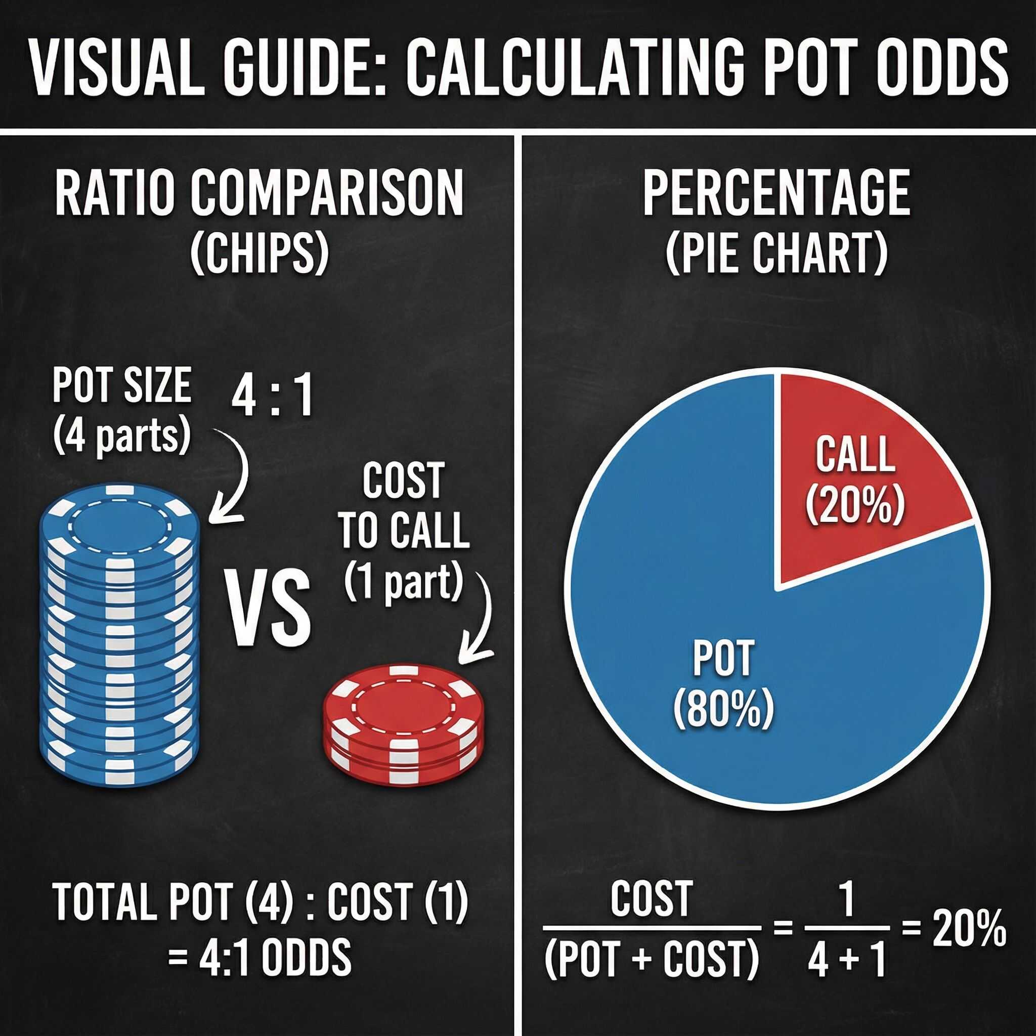 왼쪽에는 포커 칩 비율 비교가, 오른쪽에는 파이 차트로 표현된 확률 계산법을 담은 시각 가이드입니다.