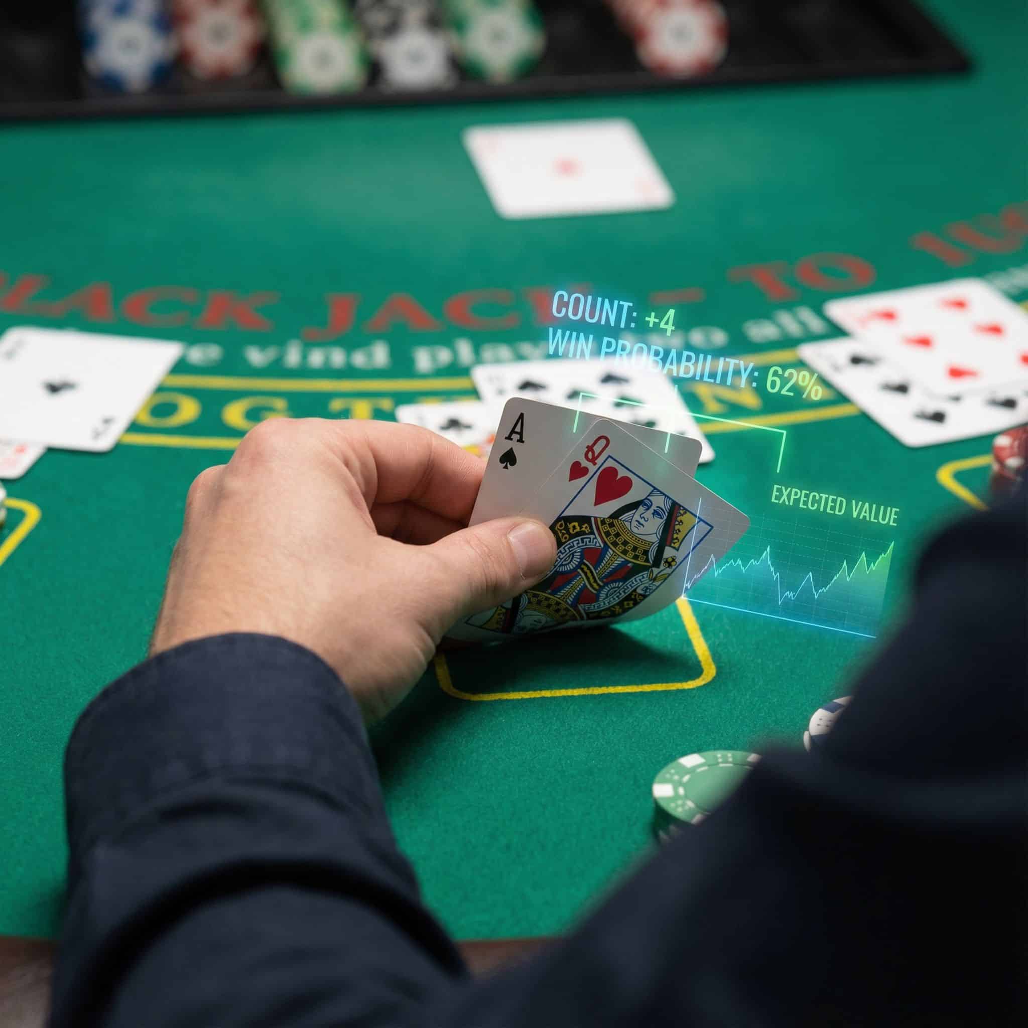 검은색 블랙잭 테이블 위에 손에 든 카드와, 그 위로 겹쳐진 투명한 통계 그래프가 정보 우위를 상징하는 모습이다.
