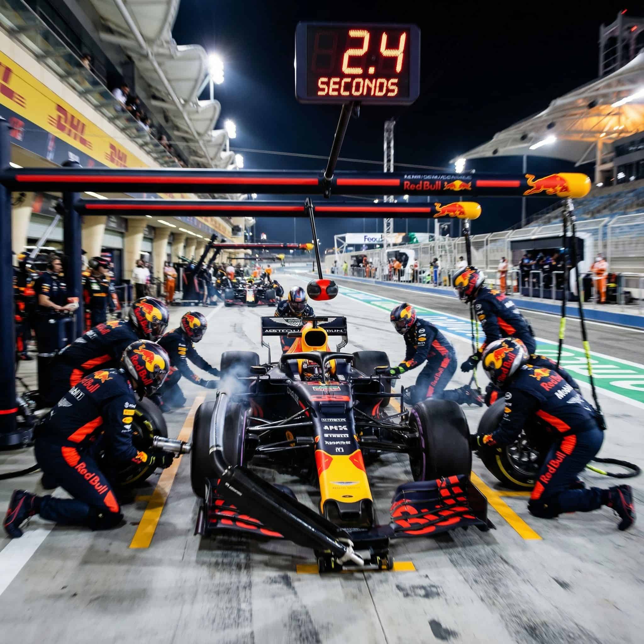 화려한 색상의 레이싱카를 빠르게 정비하는 피트 크루의 긴장감 넘치는 순간을 담은 모습이다.