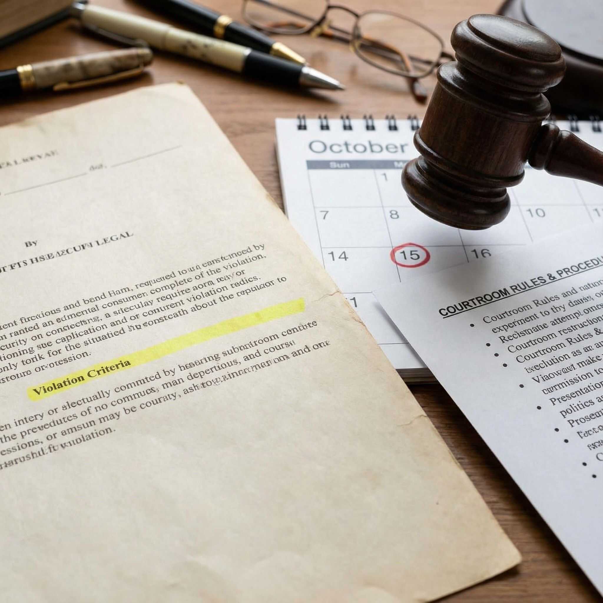 검은색 법원 소추와 달력 옆에 놓인 법률 문서를 클로즈업하며, 문서에는 '위반 기준' 문구가 강조되어 있습니다.