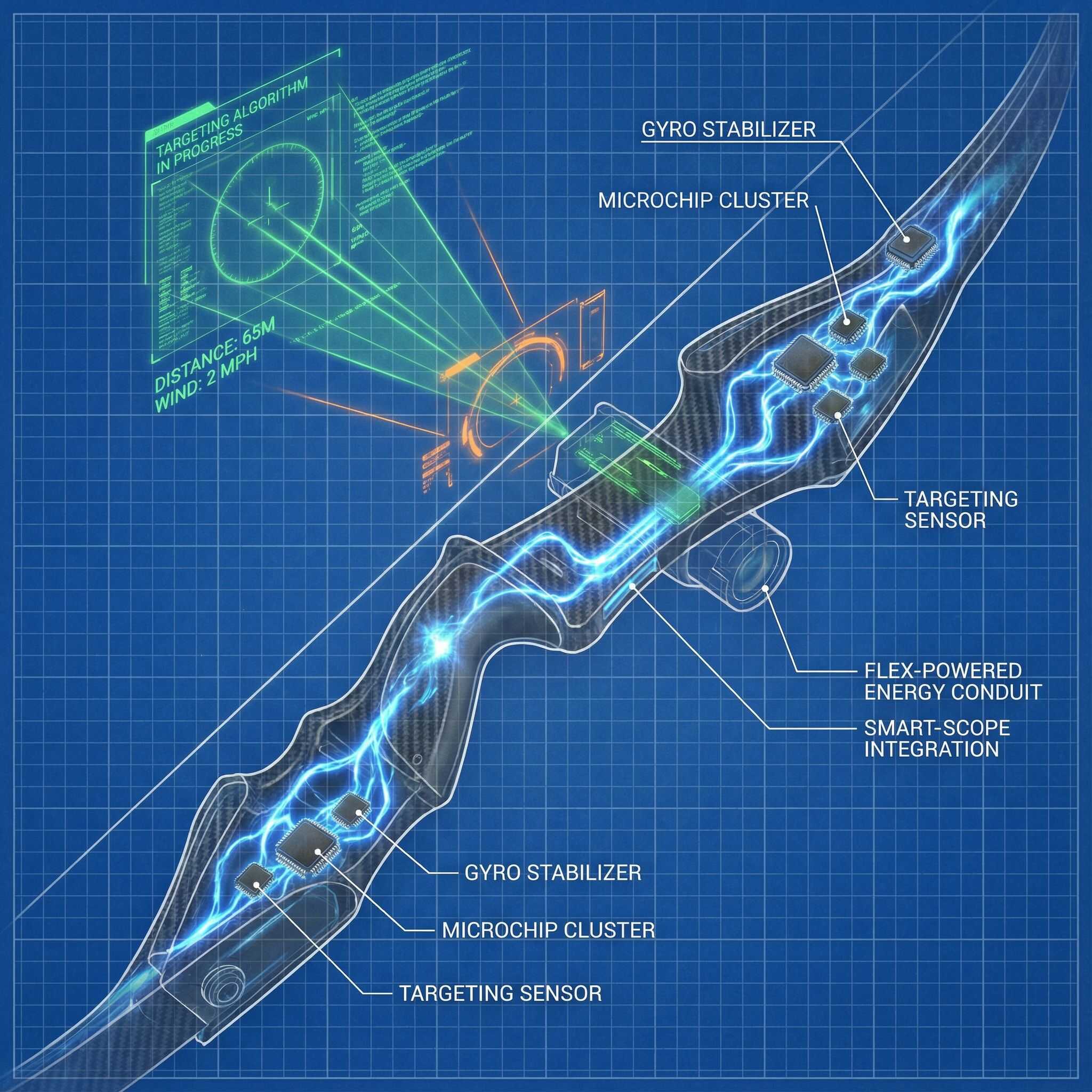 투명한 단면으로 보이는 미래형 활 내부에 푸른빛 에너지 경로와 반짝이는 마이크로칩, 작동 중인 표적 알고리즘이 배치된 모습이다.